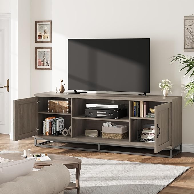 Garvee Farmhouse TV Stand for Living Room, Entertainment Center with 2-Tier Adjustable Shelves & Metal Leg, Wooden TV & Media Console Table for 75 Inch with Storage Compartments, Gray