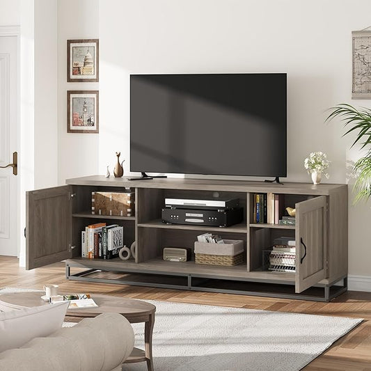 Garvee Farmhouse TV Stand for Living Room, Entertainment Center with 2-Tier Adjustable Shelves & Metal Leg, Wooden TV & Media Console Table for 75 Inch with Storage Compartments, Gray