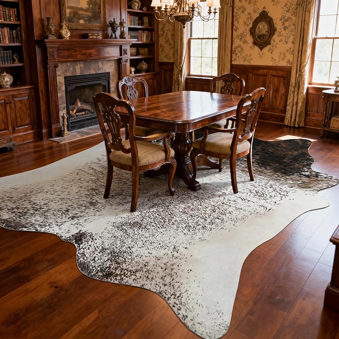 8x10 Large Cowhide Rug, Washable Faux Brown and White Hide Area Rugs for Living Room, Classic Western Brindle Animal Print Carpet for Under Dining Table, Synthetic Vegan Leather Decor
