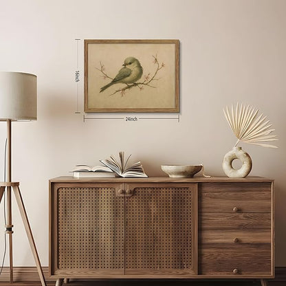 Vintage Bird Wall Art, Cherry Blossom Spring Pictures Canvas Wall Decor, Rustic Farmhouse Bird Animal Artwork Print Poster for Living Room Bedroom Bathroom 16x24 Inch Framed