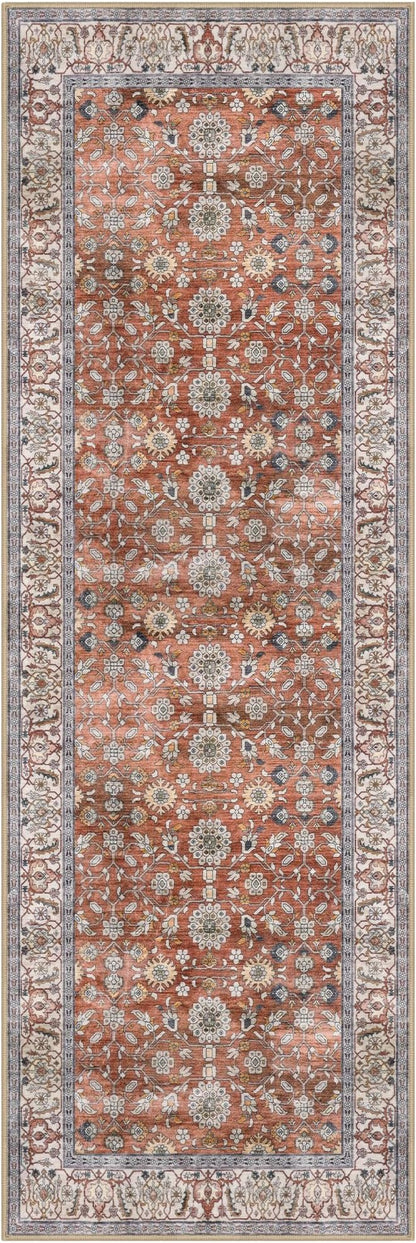 KUTA Runners for Hallways 2x6, Vintage Floral Rug Non-Slip Washable Kitchen Rugs Red Clay Ultra Thin Soft Printed Retro Distressed Flower Carpet Entryway Rugs for Bedroom Laundry Nursery