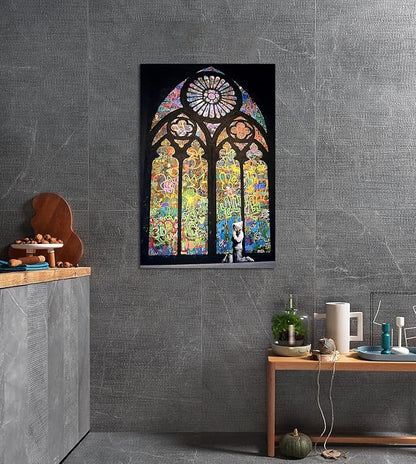 Modern Graffiti Wall Art Decor Praying Boy Kid In Cathedral Pictures Artwork Colorful Doodle Picture for Home Living Dining Room Office Decoration Stretched and Framed Ready to Hang(24''W x 36''H)
