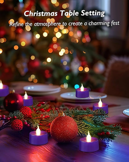 merrynights Purple LED Candles, 12 Pack Tea Lights Candles Battery Operated, Flameless Tealight Candle, Realistic Tea Lights for Halloween Christmas Party Decor Mardi Gras