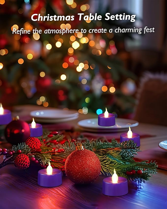 merrynights Purple LED Candles, 24 Pack Tea Lights Candles Battery Operated, Flameless Tealight Candle, Realistic Tea Lights for Halloween Christmas Party Decor Mardi Gras