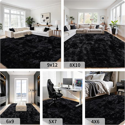 8x10 Area Rug for Living Room:Ultra Soft Fluffy Shag Black Rugs,Large Fuzzy Plush Indoor Non Slip Carpet Washable Rug for Bedroom Kids Nursery Office Dorm Modern Decor(Black)
