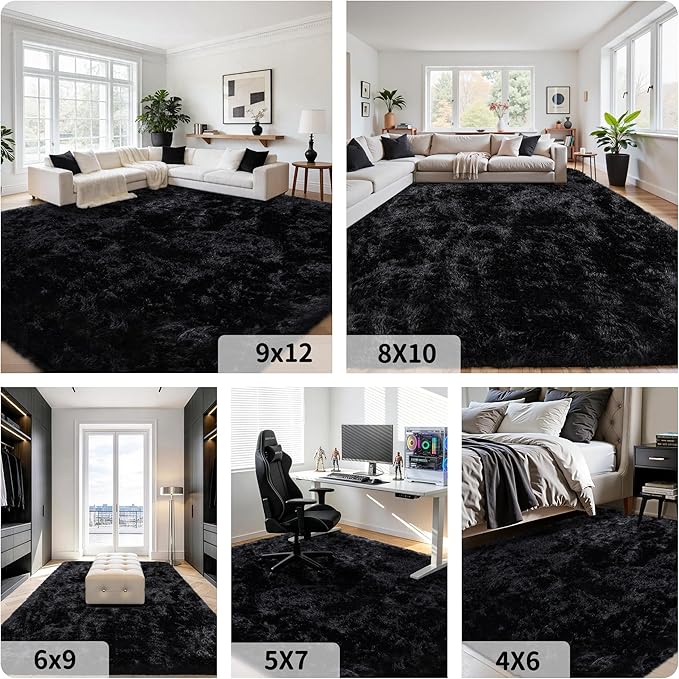 6x9 Area Rug for Living Room:Ultra Soft Fluffy Shag Black Rugs,Large Fuzzy Plush Indoor Non Slip Carpet Washable Rug for Bedroom Kids Nursery Office Dorm Modern Decor(Black 6'x9')