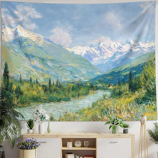 Leeisysme Mountain Landscape Tapestry, Monet Nature Wall Art, Clouds Flowing River for Living Room Bedroom Classroom Dorm Decor, Green 36x48 inches
