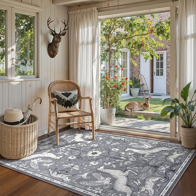 Lahome 5x7 Washable Deer Rug, Dorval Boho Woodland Vintage Area Rug, Non Slip Low Pile Soft Grey Carpet for Living Room Bedroom Nursery Dining Room Kitchen Farmhouse Home Decor