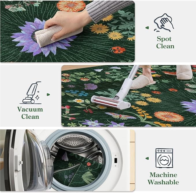 LIVEBOX Sunflower Botanical Washable 8x10 Area Rugs, Green Rug for Living Room, Non Slip Rugs for Bedroom, Boho Floral Indoor Throw Dining Room Carpet for Under Table Home Office Nursery Playroom