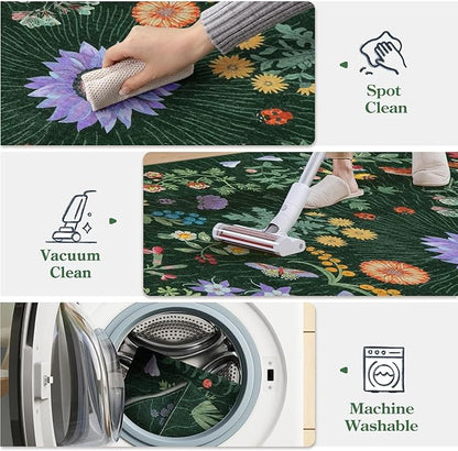 LIVEBOX Sunflower Botanical Washable 8x10 Area Rugs, Green Rug for Living Room, Non Slip Rugs for Bedroom, Boho Floral Indoor Throw Dining Room Carpet for Under Table Home Office Nursery Playroom