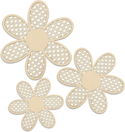 Maitys 3 Pieces Boho Daisy Wall Decor Natural Rattan Flower Wall Hanging Art Wooden Boho Art Nursery Flowers Farmhouse Hanging Decor for Home Office Nursery(Wooden Color)