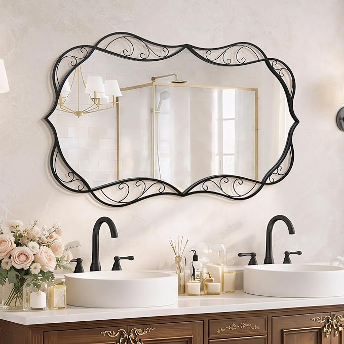 Besdomus Bathroom Black Wall Mirror: 30"x48" Scalloped Modern Large Wall Mounted Vanity Mirror - Farmhouse Decorative Vertical or Horizontal Hanging - Home Decor for Bathroom/Hallway/Fireplace/Bedroom