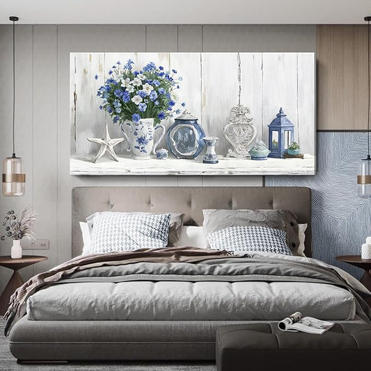 Nicetop Oversized Vintage Wall Art – Rustic Coastal Still Life Floral Canvas Print Country Farmhouse Cottagecore Shabby Chic Style Botanical Artwork Blue Picture for Large Living Room Kitchen 58x29Inch
