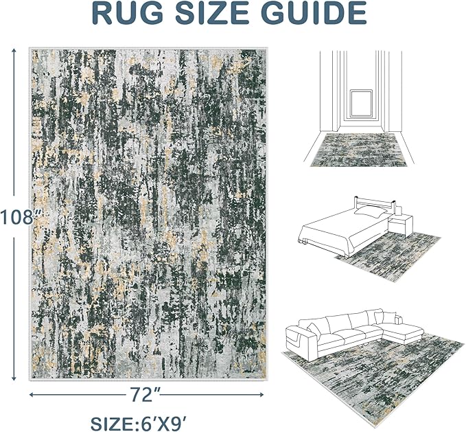 Area Rugs 6x9 Living Room: Washable Rug Modern Abstract Large Rugs Soft Non Slip Neutral Rug Stain Resistant Indoor Carpet for Bedroom Kitchen Dining Room Nursery Home Rugs(Black Grey Gold,6'x9')