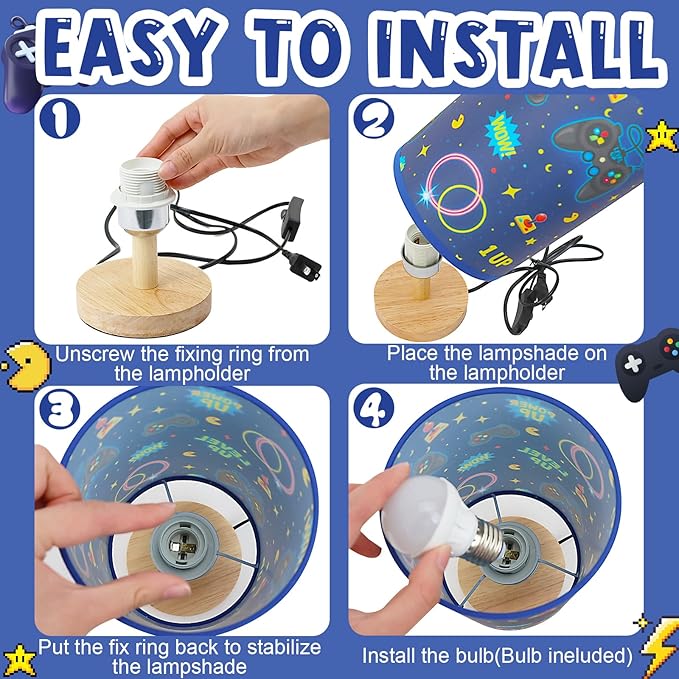 Kids Gaming Lamp for Boys Bedside Lamp with Linen Wooden Nightstand Cartoon Nursery Video Game Lampshade for Kids Gamer Decor