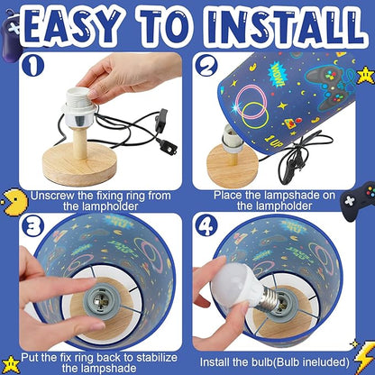 Kids Gaming Lamp for Boys Bedside Lamp with Linen Wooden Nightstand Cartoon Nursery Video Game Lampshade for Kids Gamer Decor