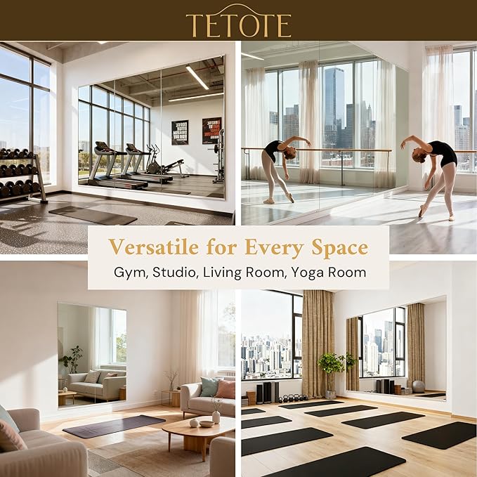 TETOTE Gym Workout Mirrors for Home Gym 72" x 30" - 1PC Large Tempered Glass Exercise Fitness Mirror Wall Mounted, Frameless Full Length Mirror for Garage, Dance Studio, Yoga, Living Room