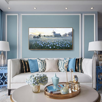 Large Framed Modern Canvas Wall Art, Natural Rural Farm Print Picture, Blue Windmill Flower Field Landscape Art Decor For Living Room, Bedroom, Dining Room, And Kitchen. 48X24 Inches.