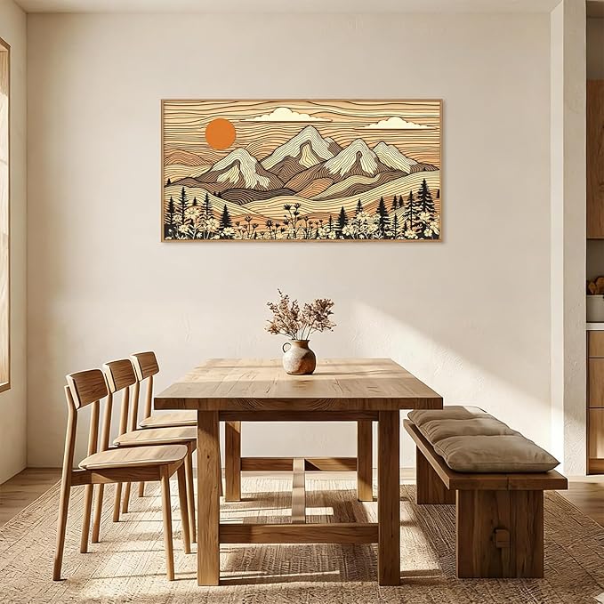 HPNIUB Woodcut Style Mountain Framed Wall Art Set,Abstract Wilderness Forest Wall Decor,Vintage Boho Sunset Art Print,Brown Line Nature Forest Scenery Artwork for Living Room, Bedroom,Office-20 x40