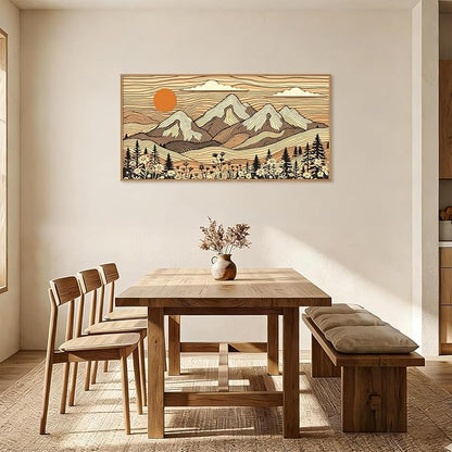 HPNIUB Woodcut Style Mountain Framed Wall Art Set,Abstract Wilderness Forest Wall Decor,Vintage Boho Sunset Art Print,Brown Line Nature Forest Scenery Artwork for Living Room, Bedroom,Office-20 x40