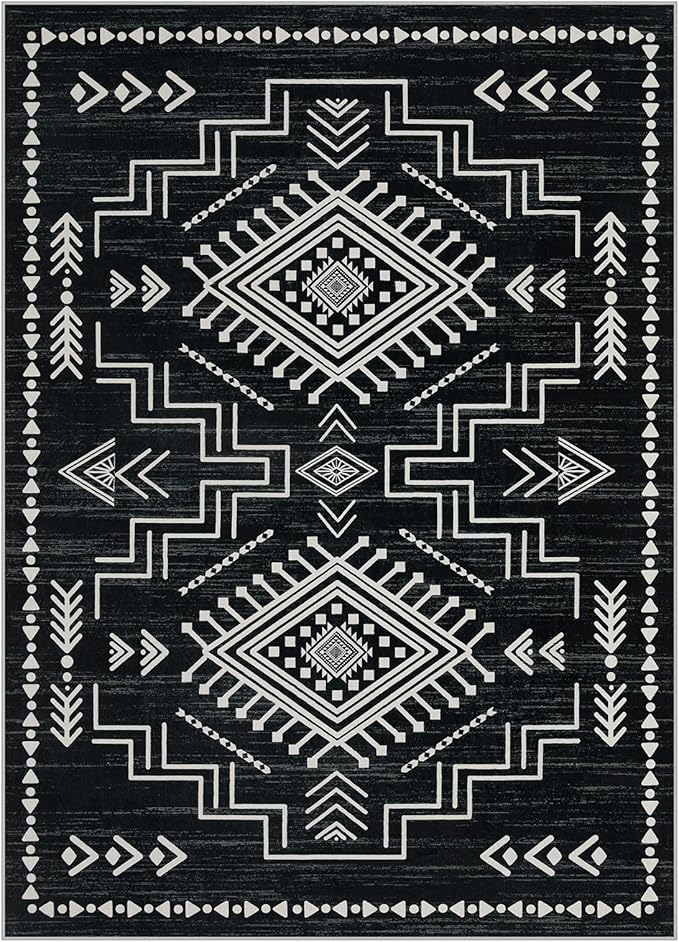 Joydeco Moroccan 5x7 Western Black and White Rugs for Living Room, Washable Soft Aztec Rug for Bedroom, Low Pile Distressed Modern Carpet for Dining Room Playroom Office Home Decor