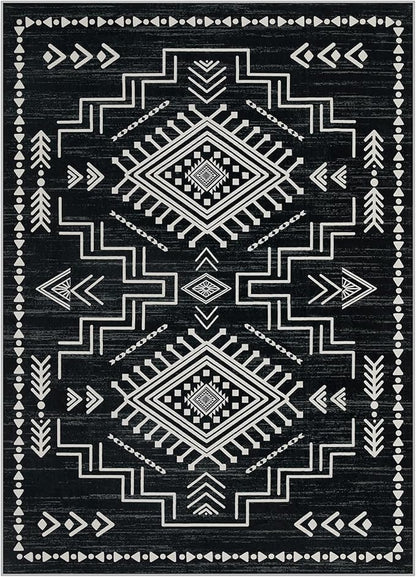 Joydeco Moroccan Black 8x10 Area Rugs for Living Room, Non-Slip Western Large Bedroom Dining Room Rug, Throw Stain Resistant Geometric Aztec Print Modern Soft Carpet for Playroom Office