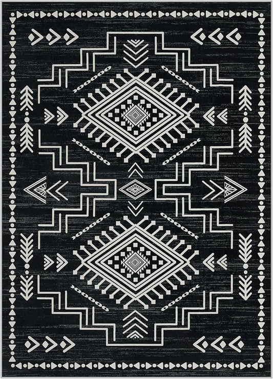 Joydeco Moroccan Black 8x10 Area Rugs for Living Room, Non-Slip Western Large Bedroom Dining Room Rug, Throw Stain Resistant Geometric Aztec Print Modern Soft Carpet for Playroom Office