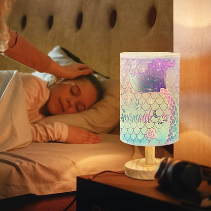 Rainbow Scales Mermaid Bedside Table Lamp for Bedroom with USB Port, Cute Cozy Kids Nightstand Lamp with Wood Base Polyester Fabric Shade for Living Room Dorm Desk (Rainbow02)