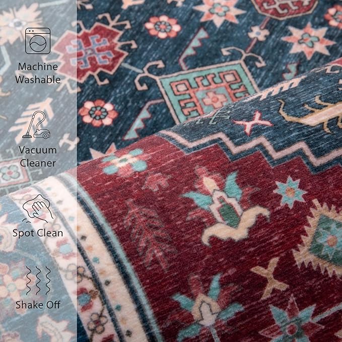 Tangsoo Boho 4x6 Rug for Living Room,Washable Indoor Area Rug,Non-Slip Low Pile Carpet Soft Vintage Decor Mat for Front Porch Dining Room Patio Bedroom Office,Deep Red