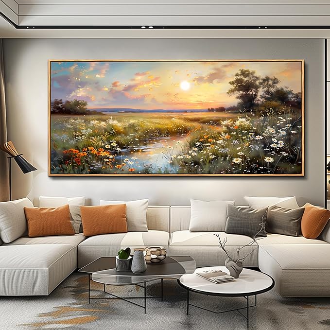hyidecorart Large Framed Wall Art, Landscape Wall Art, Nature Wall Decor, Wildflowers Scenery Painting Prints, French Country Pictures for Living Room Bedroom Modern Farmhouse Decorations 32x72 In