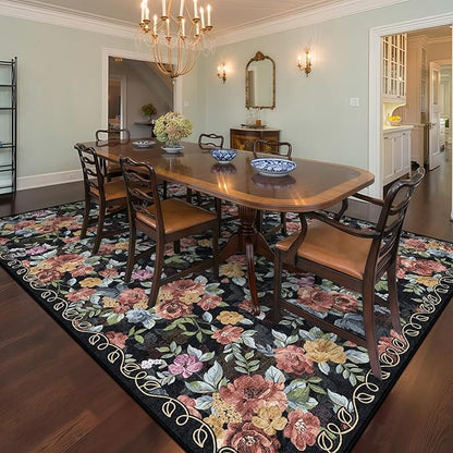 8x10 Machine Washable Area Rug for Living Room, Dark Blue Black Vintage Boho Floral Rug Large Non-Slip Low Pile Soft Faux Wool Carpet Kids and Pets Friendly for Bedroom Dining Room Farmhouse Decor Rug