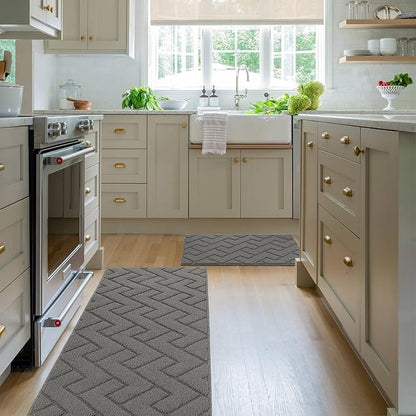hicorfe Kitchen Runner Rugs and Mats Sets,2 Pieces Absorbent Non-Slip Kitchen Rug,Comfort Kitchen Mat for Floor,Washable for Kitchen,Hallway,Office,Sink,Laundry(20"x59"+20"x32",Grey)