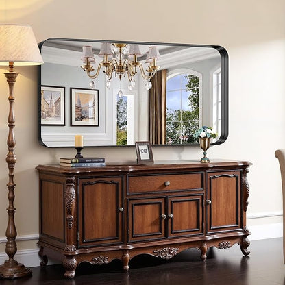 CIRCUMI Black Bathroom Mirror, 30"x60" Rectangular Mirror with Deep Metal Frame, Rounded Corner, Tempered Glass, Large Mirror for Wall, Over 2 Sinks, Installed Vertically/Horizontally, Crystal-Clear