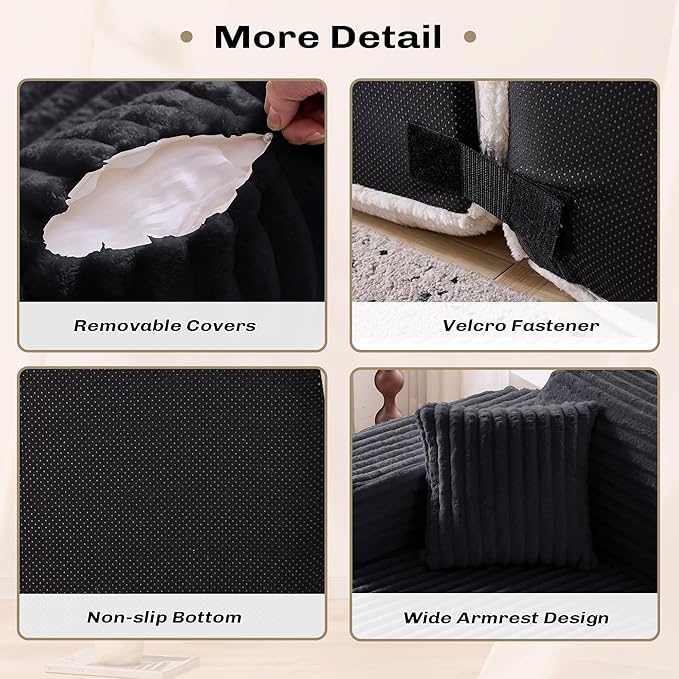 Modern Curved Boneless Sofa Couch, L-Shaped Corner Sofa, Corduroy Upholstered Cloud Sectional Couch for Living Room, Bedroom and Apartment,No Assembly Needed(Black, Left Hand Facing)