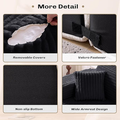 Modern Curved Boneless Sofa Couch, L-Shaped Corner Sofa, Corduroy Upholstered Cloud Sectional Couch for Living Room, Bedroom and Apartment,No Assembly Needed(Black, Left Hand Facing)