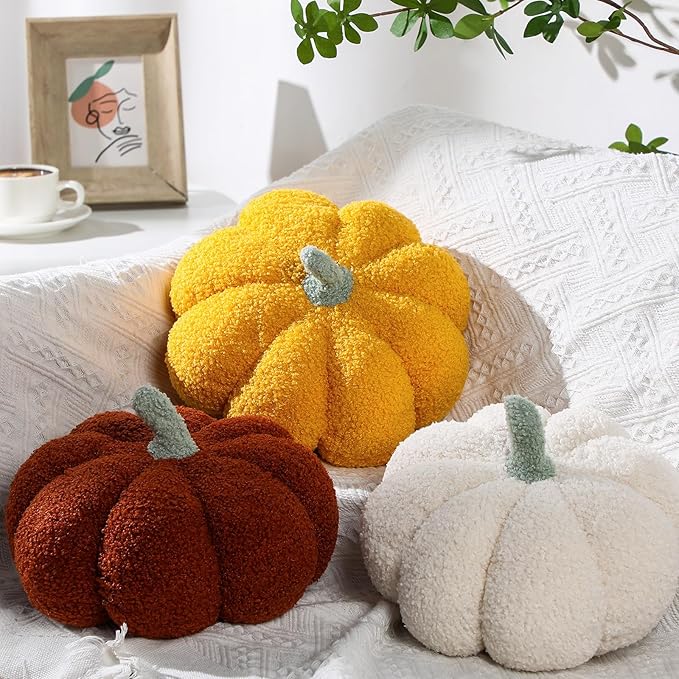 Namalu 3 Pcs Pumpkin Pillows 3D Throw Cushion Soft Sofa Pillows Stuffed Pumpkin Decoration for Fall Thanksgiving Winter Home Living Room(11.81 Inch,White, Brown, Yellow)