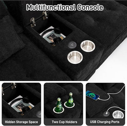 134"U Shaped Sectional Couches for Living Room, Oversized Modular Sectional Fluffy Couch with 2 Ottoman & Storage Console,Modern 6 Seat Living Room Sofa with Glitter Fabric,Tufted Buttons, Black
