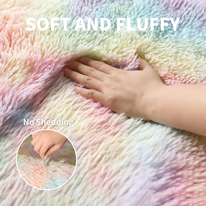 KICHOWUA Thick Area Rug 5x7 Rainbow Fluffy Shag for Girls Bedroom,Ultra Soft Unicorn Plush Fuzzy Washable Thickened Non-Slip Carpet, Pastel Furry Shaggy Rug for Living Room Kids Boys Nursery Dorm