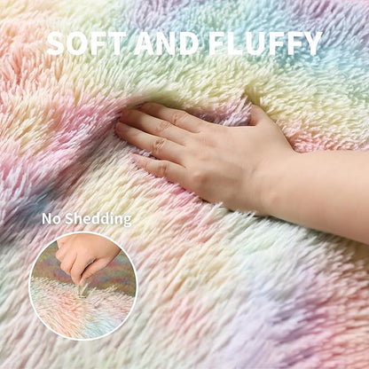 KICHOWUA Thick Area Rug 5x7 Rainbow Fluffy Shag for Girls Bedroom,Ultra Soft Unicorn Plush Fuzzy Washable Thickened Non-Slip Carpet, Pastel Furry Shaggy Rug for Living Room Kids Boys Nursery Dorm
