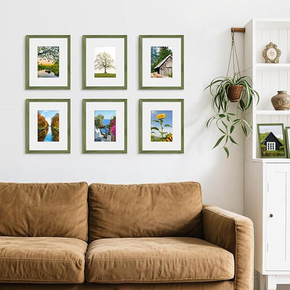 Picrit 8x10 Picture Frame Set of 12, Display 5x7 with Mat or 8x10 without Mat, Photo Frames for Wall Mounting or Table Top Display, Green Wood Grain
