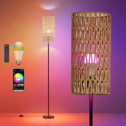 Ruiever Floor Lamp for Living Room,Farmhouse Floor lamp,Modern Standing lamp with Hand-Worked Rattan Shade (Round Rattan Shade with RGB Bulb)