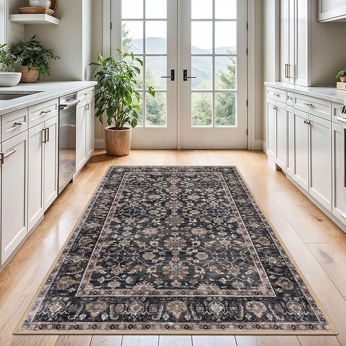KUTA Vintage Area Rug 4x6 Washable Rug Brown Traditional Floor Cover Foldable Ultra Thin Soft Retro Accent Indoor Distressed Non Slip Carpet Floral Print Mat Bedroom Living Room Dorm Office