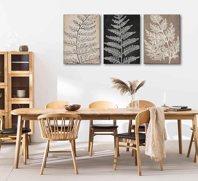 3Pcs Framed Botanical Canvas Wall Art Black Tan Fern Leaf Pictures Minimalist Paintings Nature Fern Plant Silhouette Posters Prints for Living Room Bedroom Office Farmhouse Wall Decor