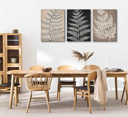 3Pcs Framed Botanical Canvas Wall Art Black Tan Fern Leaf Pictures Minimalist Paintings Nature Fern Plant Silhouette Posters Prints for Living Room Bedroom Office Farmhouse Wall Decor