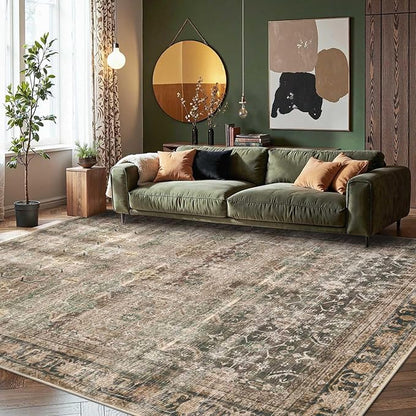Rugxara 8x10 Area Rugs for Living Room Bedroom, Large Washable Rug, Brown Vintage Retro Boho Rug, Non Slip & Low Pile Faux Wool Thin Carpet for Indoor Dining Room and Kids Room(Charcoal/Olive 8x10ft)