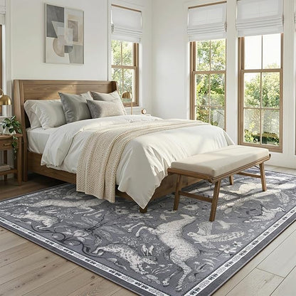 Lahome 8x10 Washable Deer Rug, Dorval Boho Woodland Vintage Area Rug, Non Slip Low Pile Large Grey Carpet for Living Room Bedroom Dining Room Kitchen Nursery Farmhouse Decor