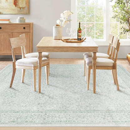 5x7 Area Rugs for Living Room: Washable Vintage Floral Rug Low Pile Non-Slip Boho Carpet for Nursery Bedroom Dining Room (Green, 5'x7')