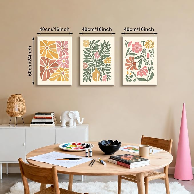 WENGTIAO 3Pcs Flower Market Canvas Wall Art Boho Floral Prints Posters Colorful Blossom Paintings Pictures Minimalist Wildflower Artwork for Living Room Girls Room Nursery Bedroom 16x24x3