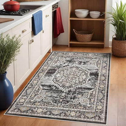 YOUFORTONG Area Rug 3x5 Washable Rugs: Soft Ultra Thin Low Pile Mat Machine Washable Indoor Doormat Lightweight Entry Rug Anti Slip Backing Rugs for Living Room Bedroom Kitchen 3'x5' Black