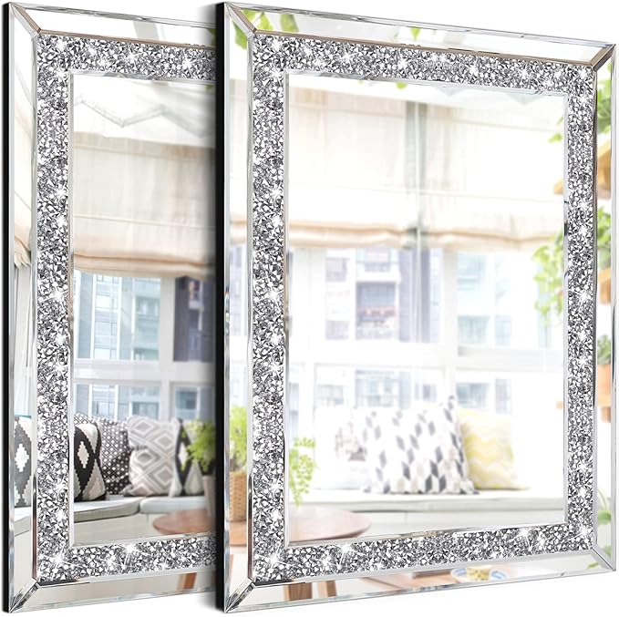 ZOLAPI 2PCS Crystal Rhinestone Diamond Wall Mirror.Brilliant Hand-Spliced Glass Mirror.Accent Decorative Mirror for Hallway/Bathroom/Bedroom（11”x15”）